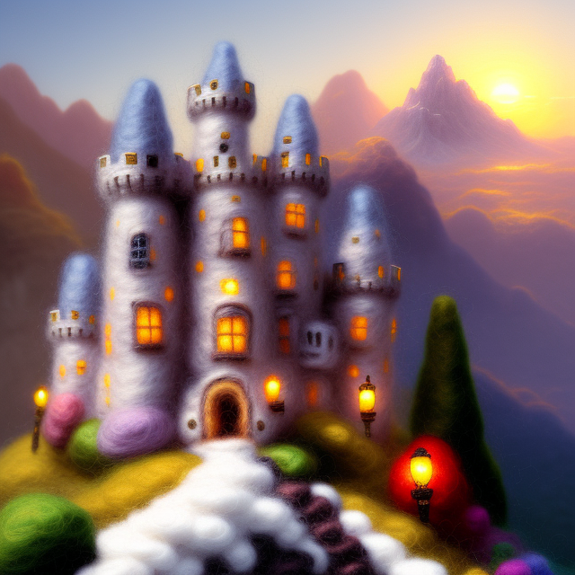 miniwool style of a castle on a mountain, by thomas kinkade, trending on artstation